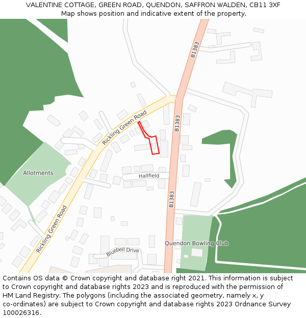 VALENTINE COTTAGE, GREEN ROAD, QUENDON, SAFFRON WALDEN, CB11 3XF: Location map and indicative extent of plot