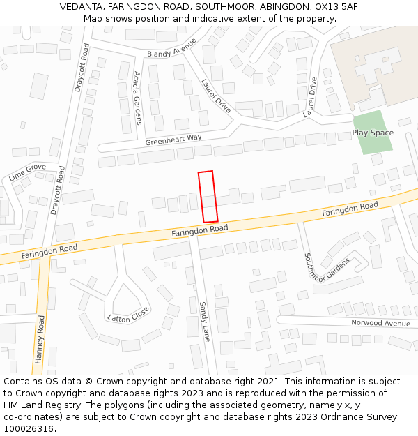 VEDANTA, FARINGDON ROAD, SOUTHMOOR, ABINGDON, OX13 5AF: Location map and indicative extent of plot