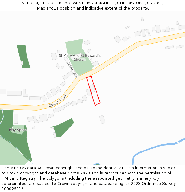 VELDEN, CHURCH ROAD, WEST HANNINGFIELD, CHELMSFORD, CM2 8UJ: Location map and indicative extent of plot