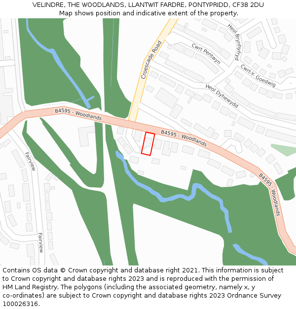 VELINDRE, THE WOODLANDS, LLANTWIT FARDRE, PONTYPRIDD, CF38 2DU: Location map and indicative extent of plot