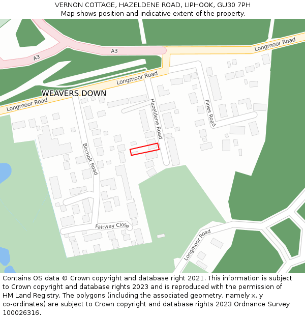 VERNON COTTAGE, HAZELDENE ROAD, LIPHOOK, GU30 7PH: Location map and indicative extent of plot