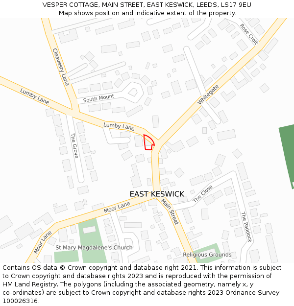 VESPER COTTAGE, MAIN STREET, EAST KESWICK, LEEDS, LS17 9EU: Location map and indicative extent of plot