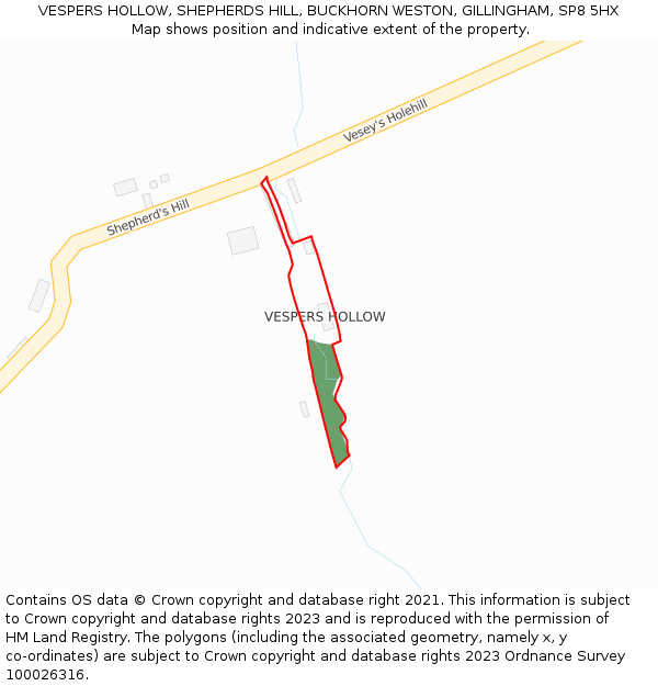 VESPERS HOLLOW, SHEPHERDS HILL, BUCKHORN WESTON, GILLINGHAM, SP8 5HX: Location map and indicative extent of plot