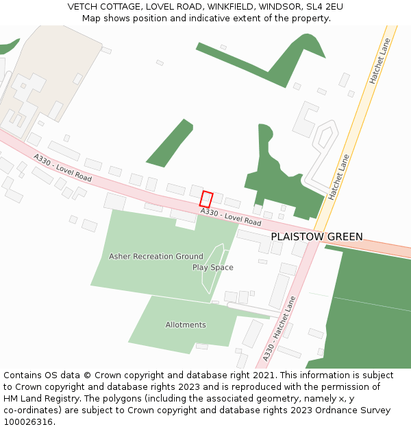 VETCH COTTAGE, LOVEL ROAD, WINKFIELD, WINDSOR, SL4 2EU: Location map and indicative extent of plot