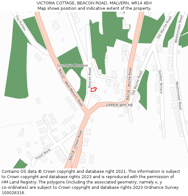 VICTORIA COTTAGE, BEACON ROAD, MALVERN, WR14 4EH: Location map and indicative extent of plot