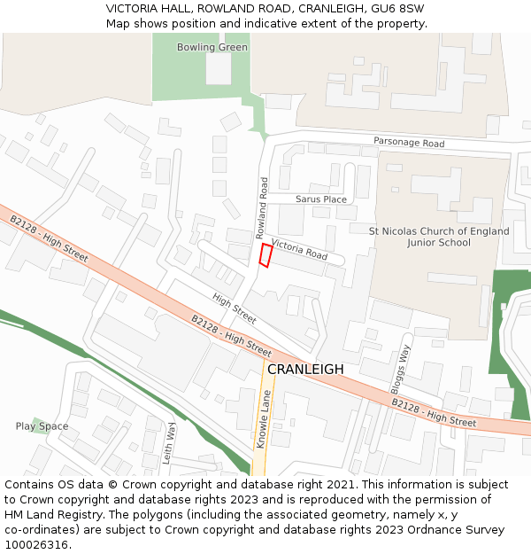 VICTORIA HALL, ROWLAND ROAD, CRANLEIGH, GU6 8SW: Location map and indicative extent of plot