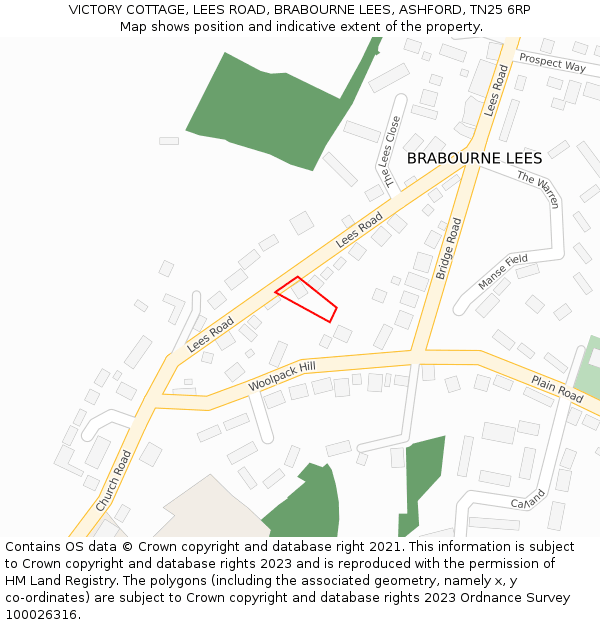 VICTORY COTTAGE, LEES ROAD, BRABOURNE LEES, ASHFORD, TN25 6RP: Location map and indicative extent of plot