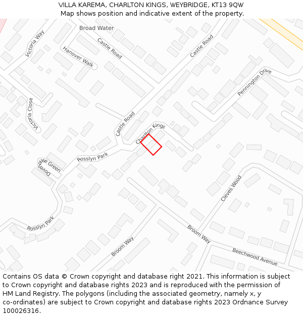 VILLA KAREMA, CHARLTON KINGS, WEYBRIDGE, KT13 9QW: Location map and indicative extent of plot