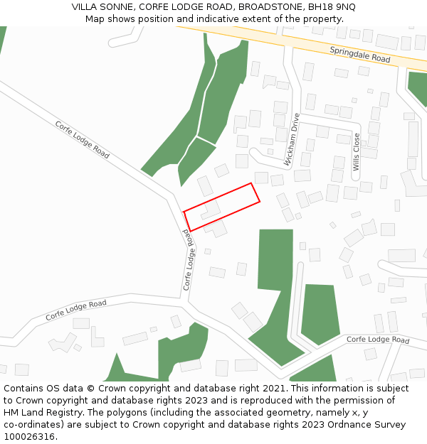 VILLA SONNE, CORFE LODGE ROAD, BROADSTONE, BH18 9NQ: Location map and indicative extent of plot