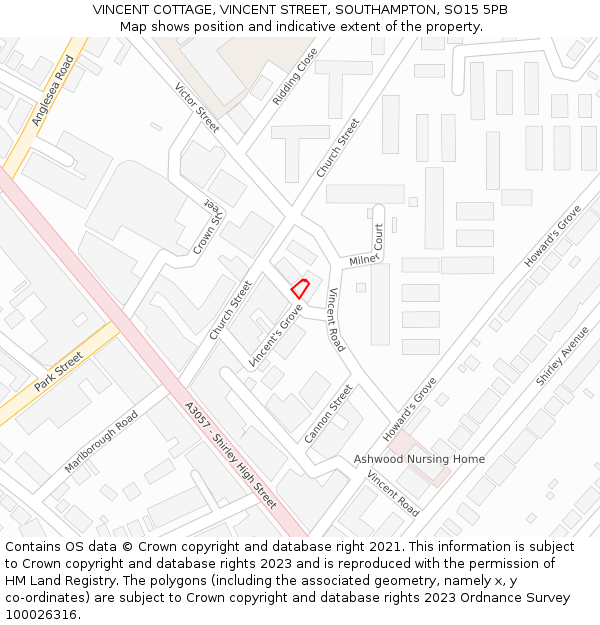 VINCENT COTTAGE, VINCENT STREET, SOUTHAMPTON, SO15 5PB: Location map and indicative extent of plot