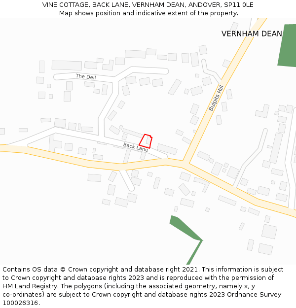 VINE COTTAGE, BACK LANE, VERNHAM DEAN, ANDOVER, SP11 0LE: Location map and indicative extent of plot