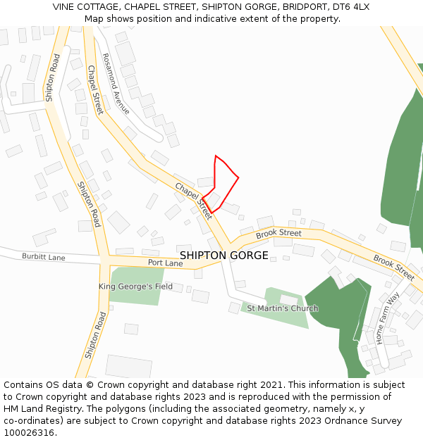 VINE COTTAGE, CHAPEL STREET, SHIPTON GORGE, BRIDPORT, DT6 4LX: Location map and indicative extent of plot