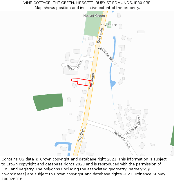 VINE COTTAGE, THE GREEN, HESSETT, BURY ST EDMUNDS, IP30 9BE: Location map and indicative extent of plot