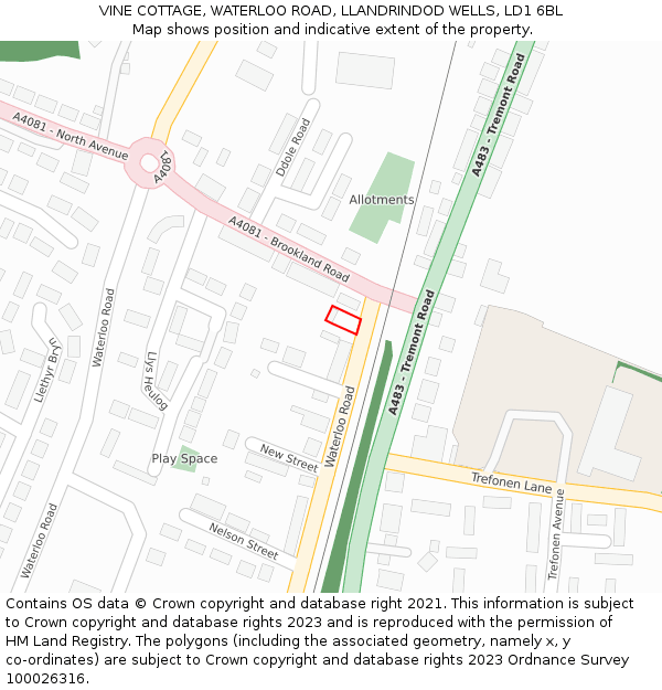 VINE COTTAGE, WATERLOO ROAD, LLANDRINDOD WELLS, LD1 6BL: Location map and indicative extent of plot