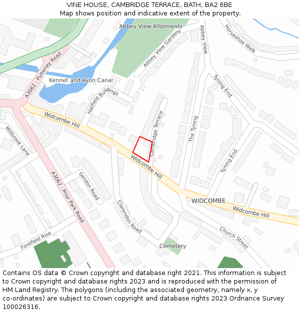 VINE HOUSE, CAMBRIDGE TERRACE, BATH, BA2 6BE: Location map and indicative extent of plot