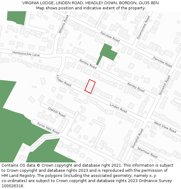 VIRGINIA LODGE, LINDEN ROAD, HEADLEY DOWN, BORDON, GU35 8EN: Location map and indicative extent of plot