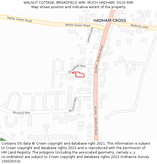 WALNUT COTTAGE, BROADFIELD WAY, MUCH HADHAM, SG10 6AR: Location map and indicative extent of plot