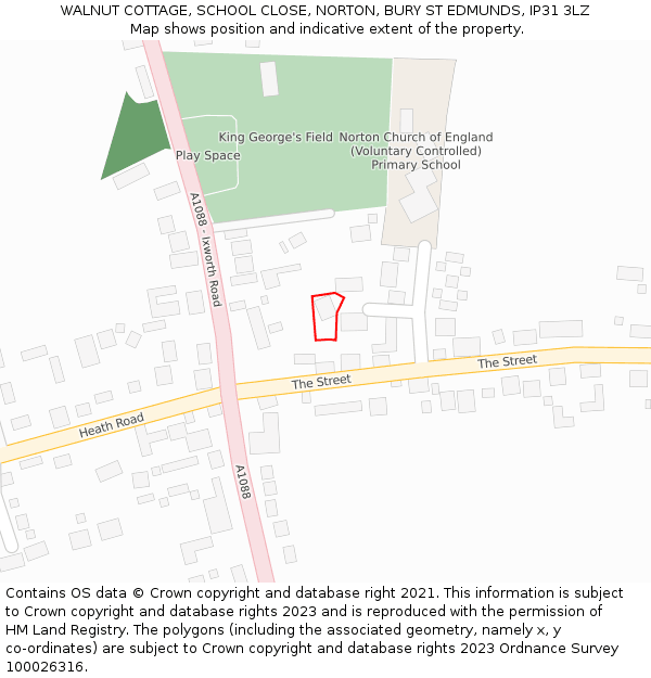 WALNUT COTTAGE, SCHOOL CLOSE, NORTON, BURY ST EDMUNDS, IP31 3LZ: Location map and indicative extent of plot