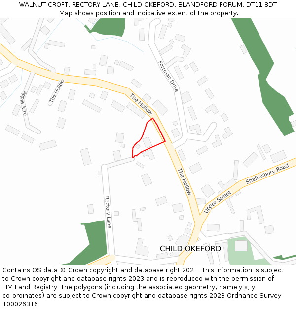 WALNUT CROFT, RECTORY LANE, CHILD OKEFORD, BLANDFORD FORUM, DT11 8DT: Location map and indicative extent of plot