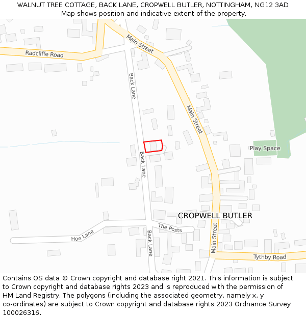 WALNUT TREE COTTAGE, BACK LANE, CROPWELL BUTLER, NOTTINGHAM, NG12 3AD: Location map and indicative extent of plot