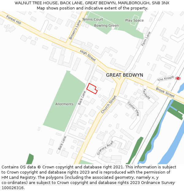 WALNUT TREE HOUSE, BACK LANE, GREAT BEDWYN, MARLBOROUGH, SN8 3NX: Location map and indicative extent of plot