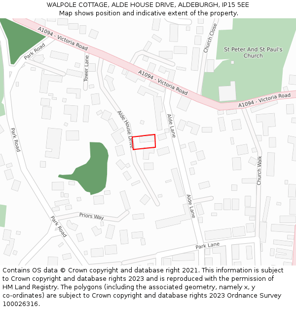 WALPOLE COTTAGE, ALDE HOUSE DRIVE, ALDEBURGH, IP15 5EE: Location map and indicative extent of plot