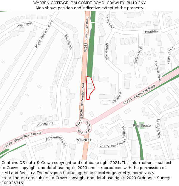 WARREN COTTAGE, BALCOMBE ROAD, CRAWLEY, RH10 3NY: Location map and indicative extent of plot