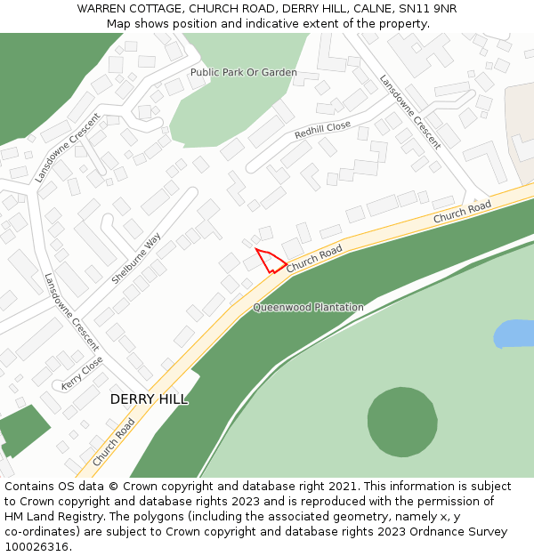 WARREN COTTAGE, CHURCH ROAD, DERRY HILL, CALNE, SN11 9NR: Location map and indicative extent of plot
