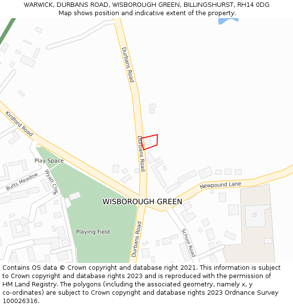 WARWICK, DURBANS ROAD, WISBOROUGH GREEN, BILLINGSHURST, RH14 0DG: Location map and indicative extent of plot