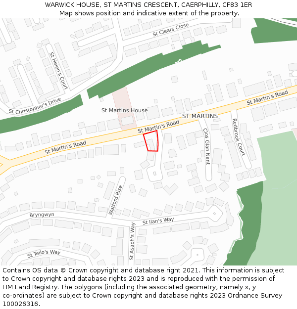 WARWICK HOUSE, ST MARTINS CRESCENT, CAERPHILLY, CF83 1ER: Location map and indicative extent of plot