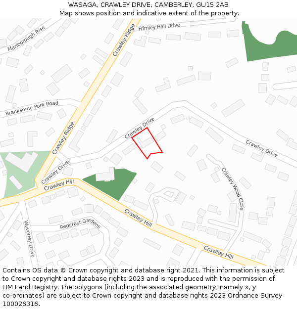 WASAGA, CRAWLEY DRIVE, CAMBERLEY, GU15 2AB: Location map and indicative extent of plot