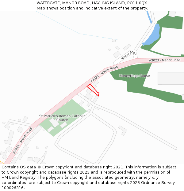 WATERGATE, MANOR ROAD, HAYLING ISLAND, PO11 0QX: Location map and indicative extent of plot