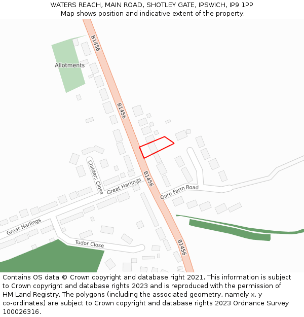 WATERS REACH, MAIN ROAD, SHOTLEY GATE, IPSWICH, IP9 1PP: Location map and indicative extent of plot