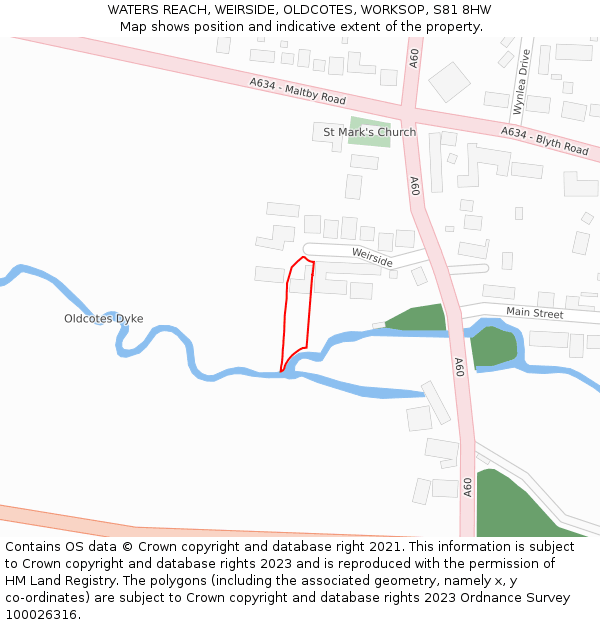 WATERS REACH, WEIRSIDE, OLDCOTES, WORKSOP, S81 8HW: Location map and indicative extent of plot