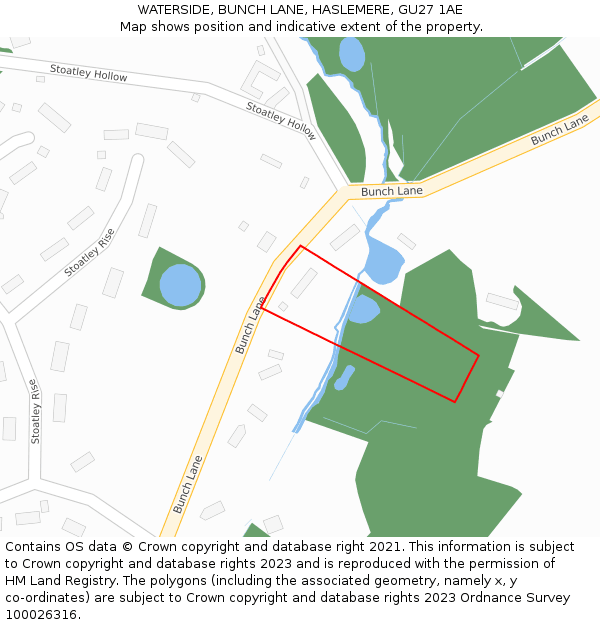 WATERSIDE, BUNCH LANE, HASLEMERE, GU27 1AE: Location map and indicative extent of plot