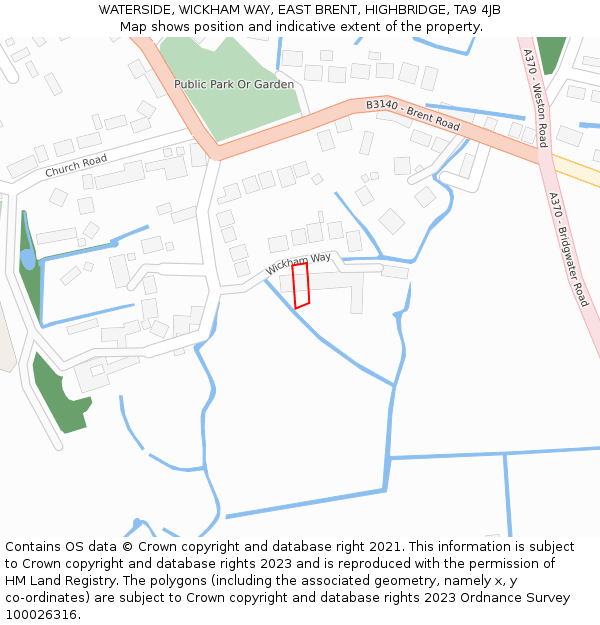 WATERSIDE, WICKHAM WAY, EAST BRENT, HIGHBRIDGE, TA9 4JB: Location map and indicative extent of plot