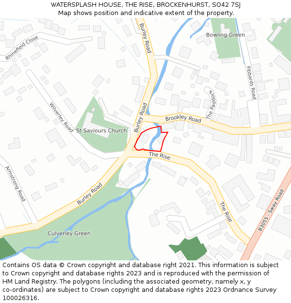 WATERSPLASH HOUSE, THE RISE, BROCKENHURST, SO42 7SJ: Location map and indicative extent of plot