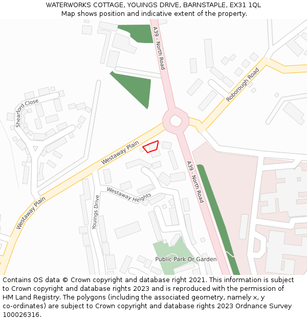 WATERWORKS COTTAGE, YOUINGS DRIVE, BARNSTAPLE, EX31 1QL: Location map and indicative extent of plot