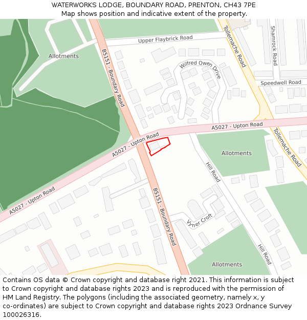 WATERWORKS LODGE, BOUNDARY ROAD, PRENTON, CH43 7PE: Location map and indicative extent of plot