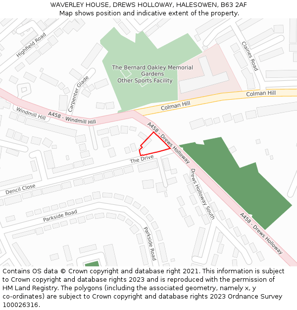 WAVERLEY HOUSE, DREWS HOLLOWAY, HALESOWEN, B63 2AF: Location map and indicative extent of plot