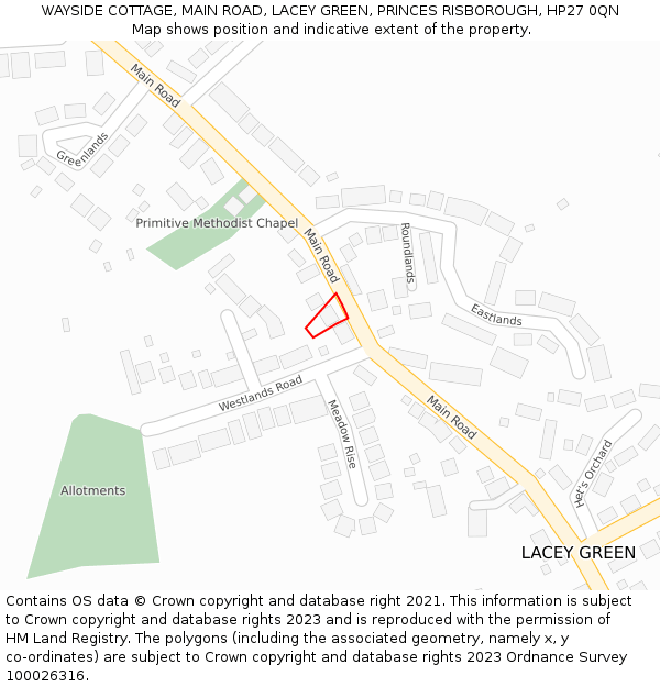 WAYSIDE COTTAGE, MAIN ROAD, LACEY GREEN, PRINCES RISBOROUGH, HP27 0QN: Location map and indicative extent of plot