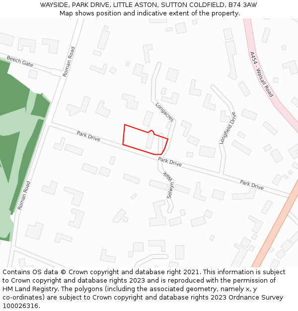 WAYSIDE, PARK DRIVE, LITTLE ASTON, SUTTON COLDFIELD, B74 3AW: Location map and indicative extent of plot