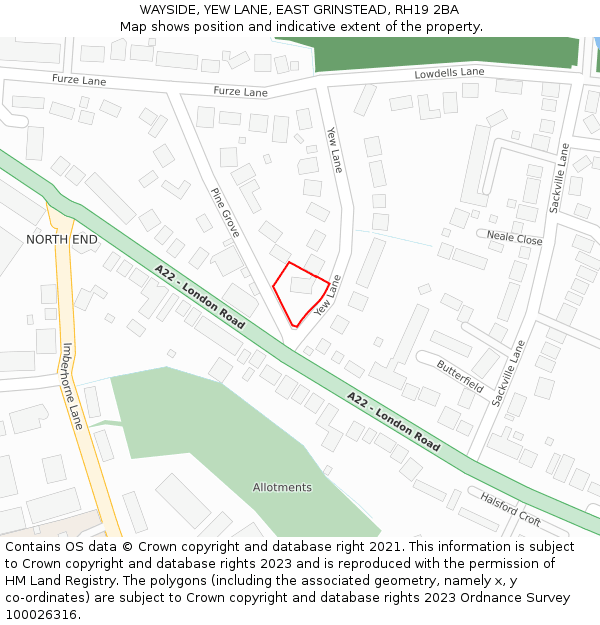 WAYSIDE, YEW LANE, EAST GRINSTEAD, RH19 2BA: Location map and indicative extent of plot