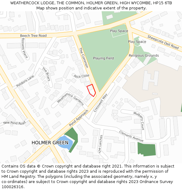 WEATHERCOCK LODGE, THE COMMON, HOLMER GREEN, HIGH WYCOMBE, HP15 6TB: Location map and indicative extent of plot
