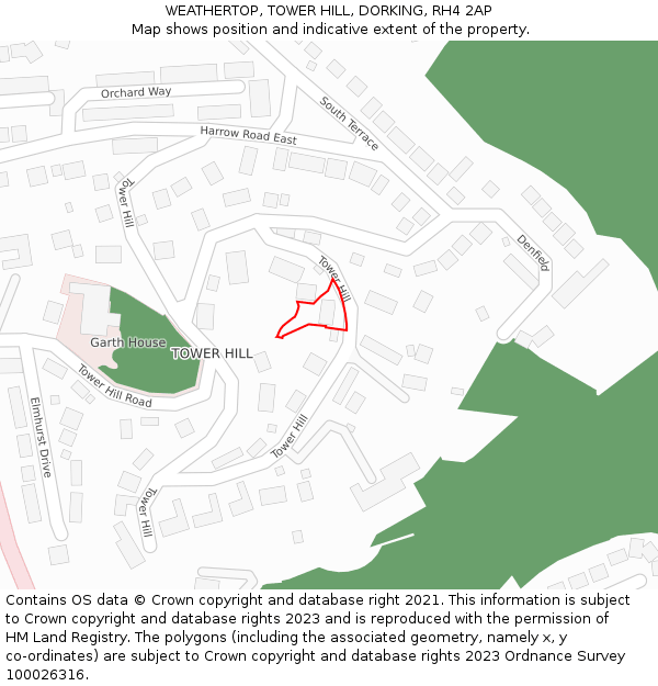 WEATHERTOP, TOWER HILL, DORKING, RH4 2AP: Location map and indicative extent of plot