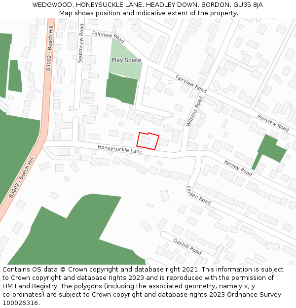 WEDGWOOD, HONEYSUCKLE LANE, HEADLEY DOWN, BORDON, GU35 8JA: Location map and indicative extent of plot