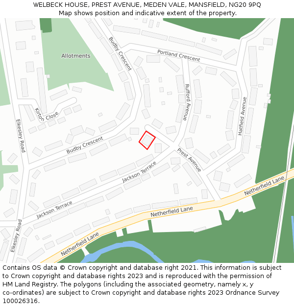 WELBECK HOUSE, PREST AVENUE, MEDEN VALE, MANSFIELD, NG20 9PQ: Location map and indicative extent of plot