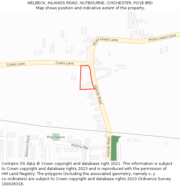 WELBECK, INLANDS ROAD, NUTBOURNE, CHICHESTER, PO18 8RD: Location map and indicative extent of plot