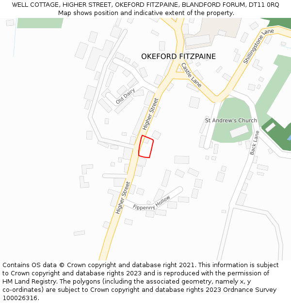 WELL COTTAGE, HIGHER STREET, OKEFORD FITZPAINE, BLANDFORD FORUM, DT11 0RQ: Location map and indicative extent of plot