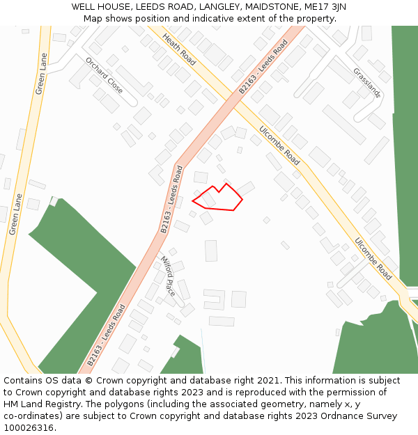 WELL HOUSE, LEEDS ROAD, LANGLEY, MAIDSTONE, ME17 3JN: Location map and indicative extent of plot